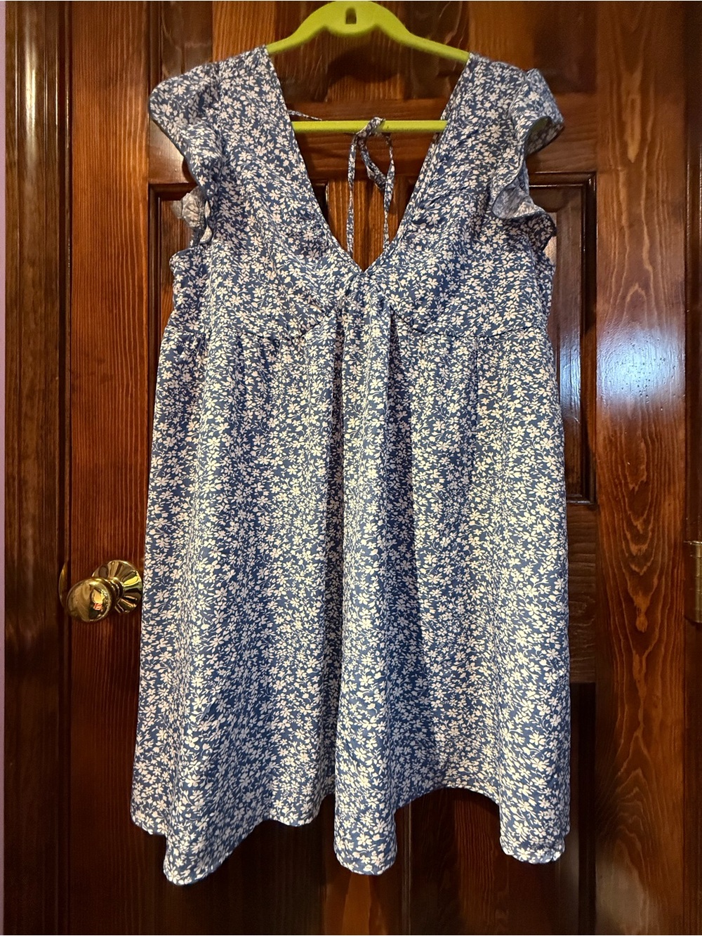 SHEIN Blue Floral V-Neck Mini Dress with Ruffle Sleeves
